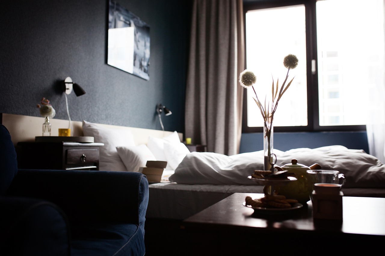 Elegant hotel lobby with modern art and comfortable seating